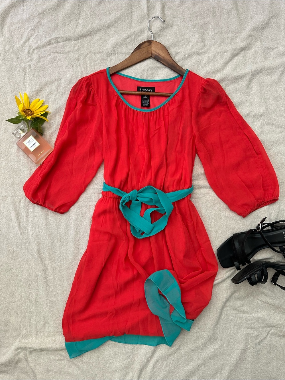 Enfocus Petite Red Peasant Dress with Turquoise Trim & Sash Belt